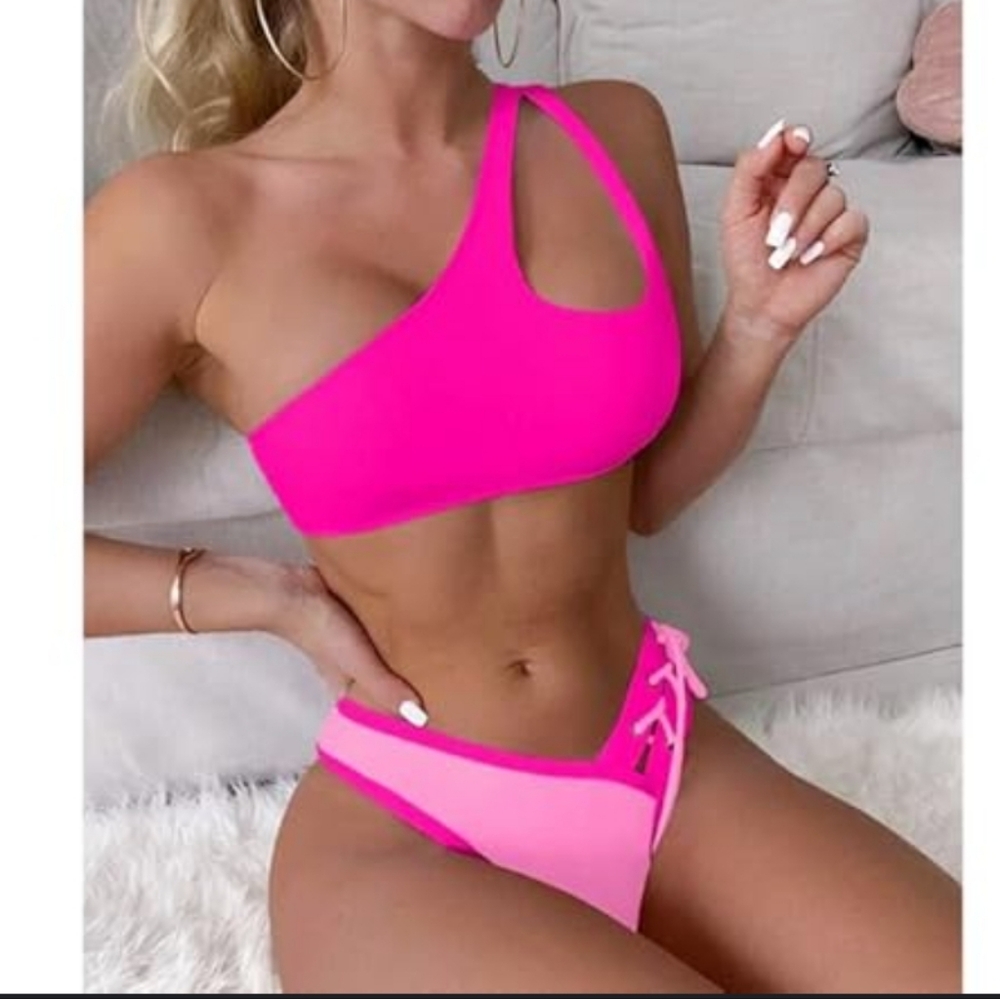 YELAIVP One Shoulder High Waisted Two Piece Lace Up Bikini Pink Large
